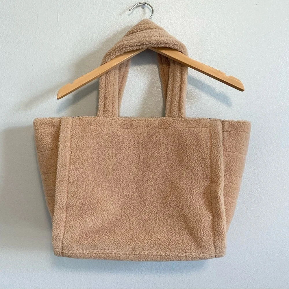 Victoria's Secret Plush Fuzzy Tan Brown Teddy Sherpa Logo Magnetic Closure Tote